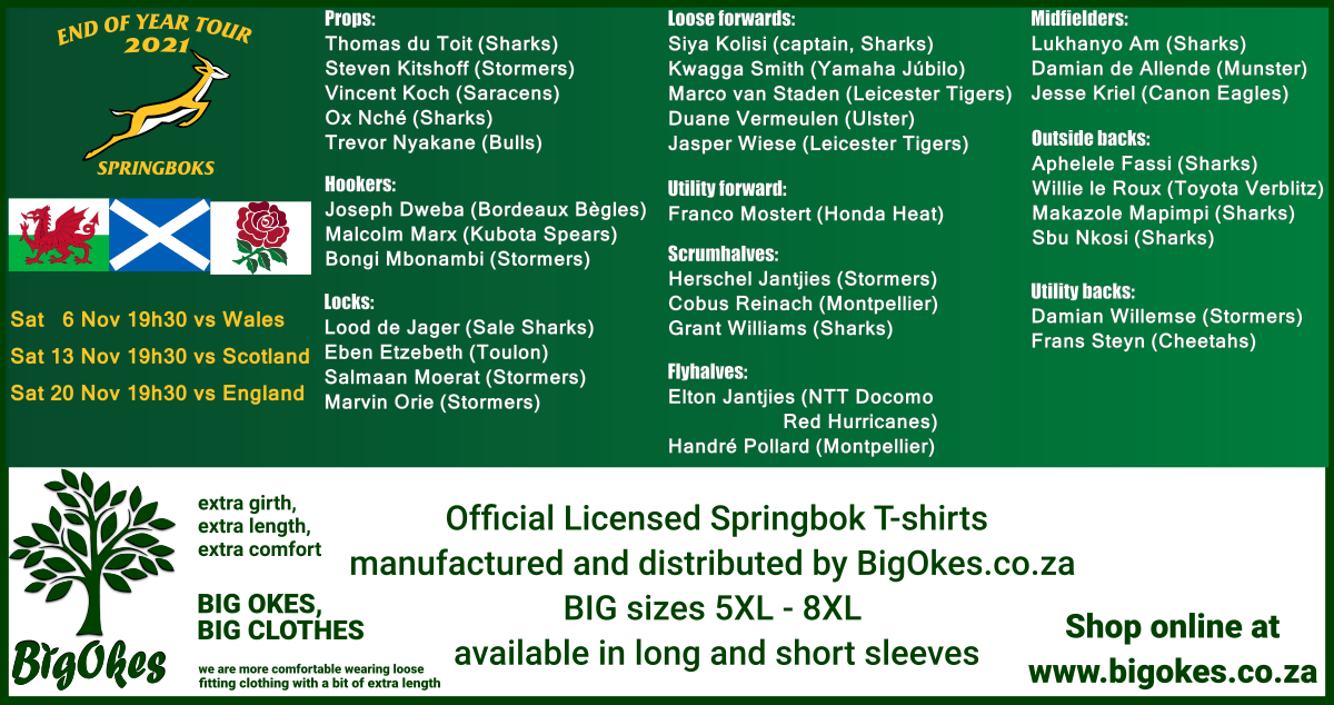 Bigokes.co.za Springboks 2021 End of year tour Special